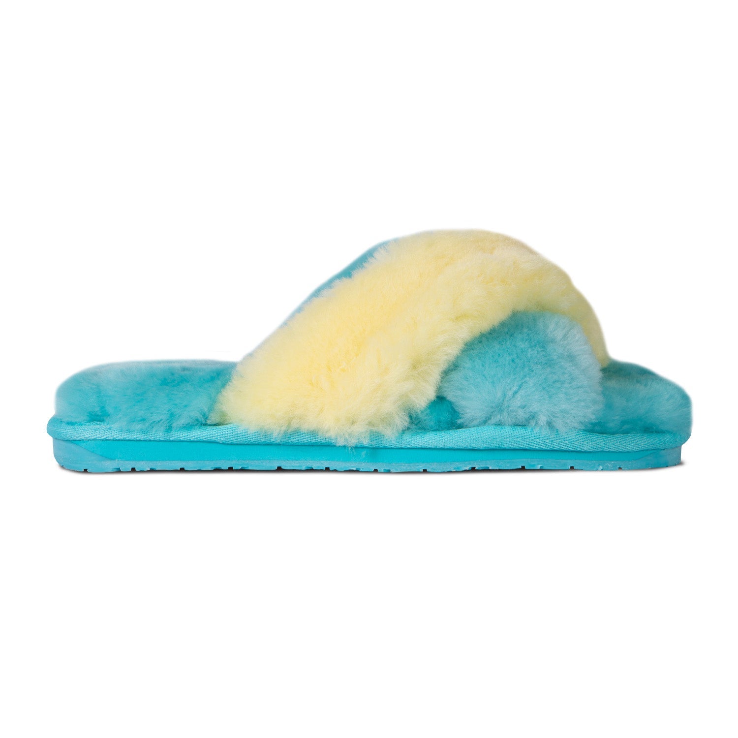 LADIES DUO-TONE EMMA SHEEPSKIN SLIPPER BLUE/YELLOW - Cloud Nine Sheepskin