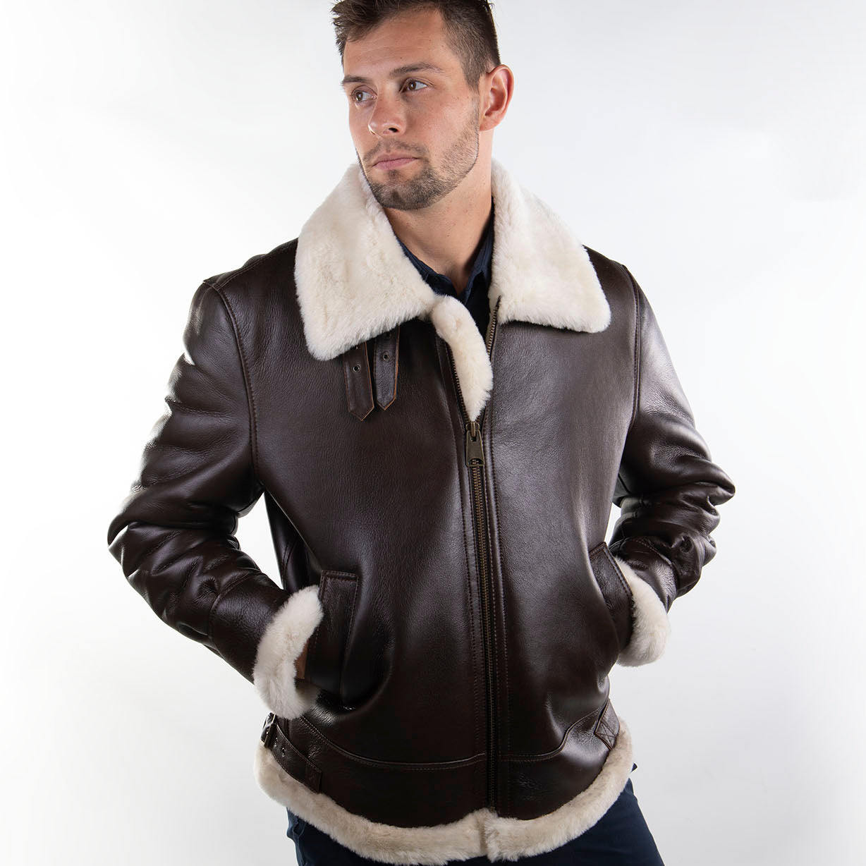 Mens Sheepskin Whiskey Bomber Coat - Cloud Nine Sheepskin